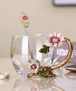 Enamel Sunflower Glass Tea Cup and Spoon Set