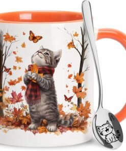 Hyturtle Fall Cat Maple Leaves Coffee Mug with Spoon