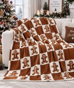 Gingerbread Man Knit Throw Blanket Brown White