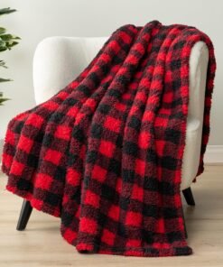 Sherpa Throw Blanket Plaid Red Black 50x60