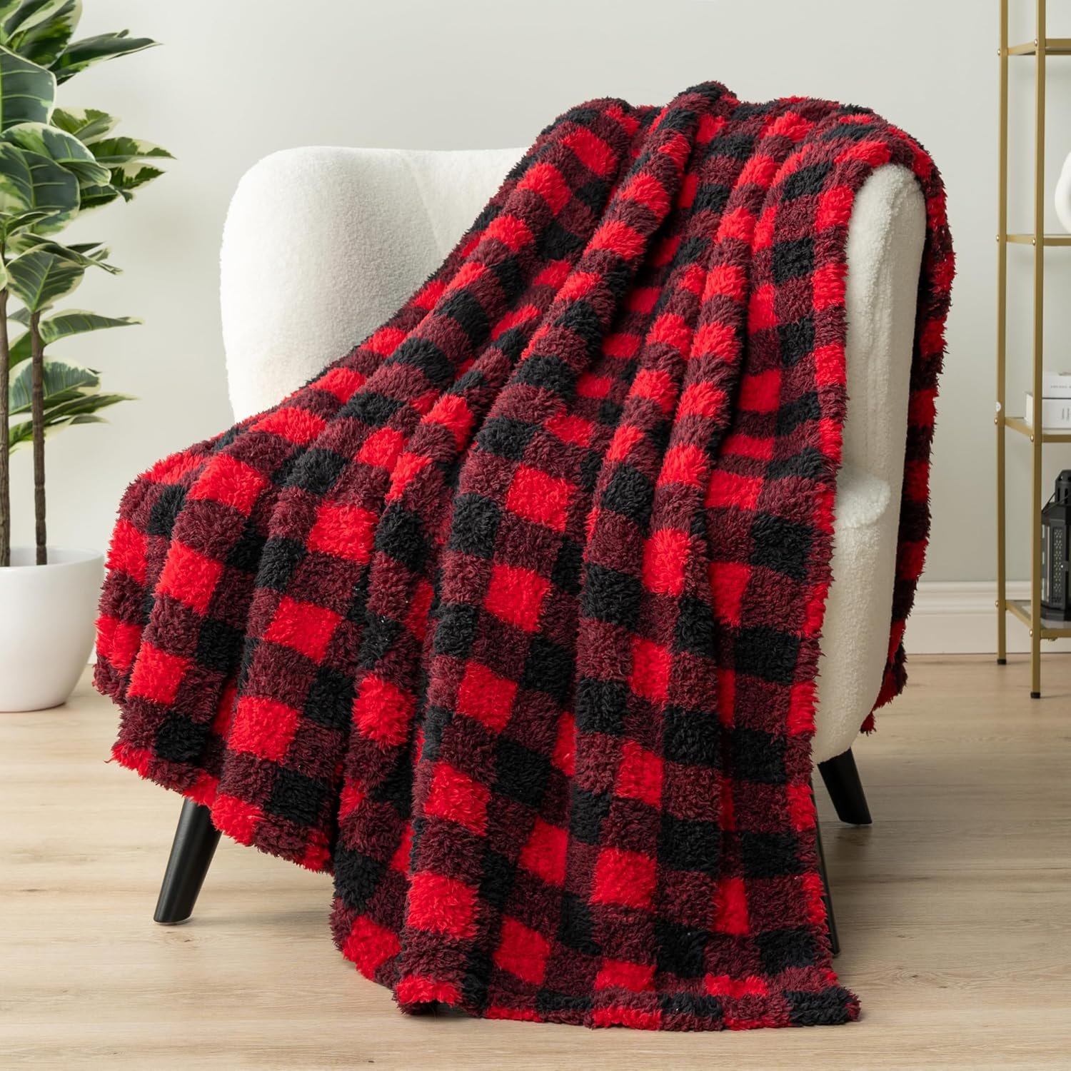 Sherpa Throw Blanket Plaid Red Black 50x60