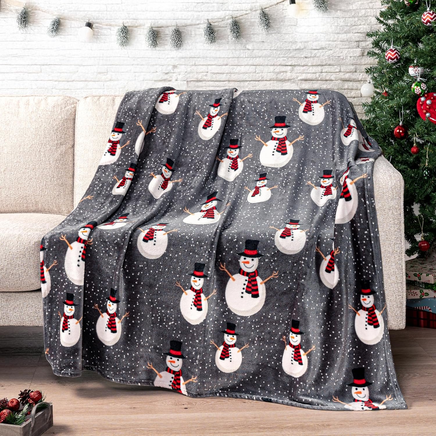 Grey Snowman Christmas Fleece Throw Blanket