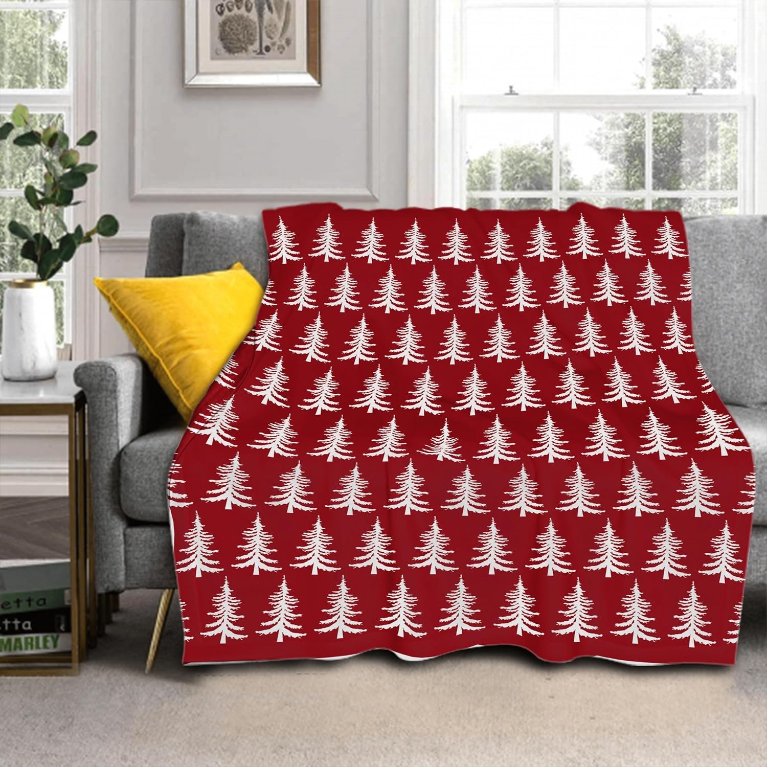 Dark Red Christmas Tree Pattern Throw Blanket